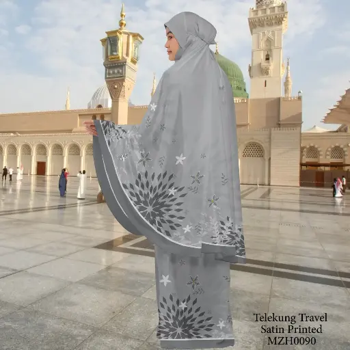 Telekung Travel Satin Printed (Awning Moss Crepe Berdagu) in MZH0090